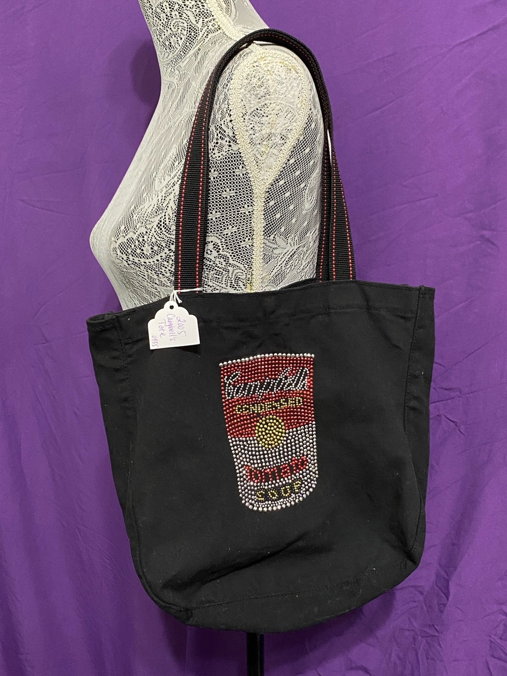 Vintage 2005 Black Canvas Tote with Rhinestone Warhol Campbell’s Soup Can Motif